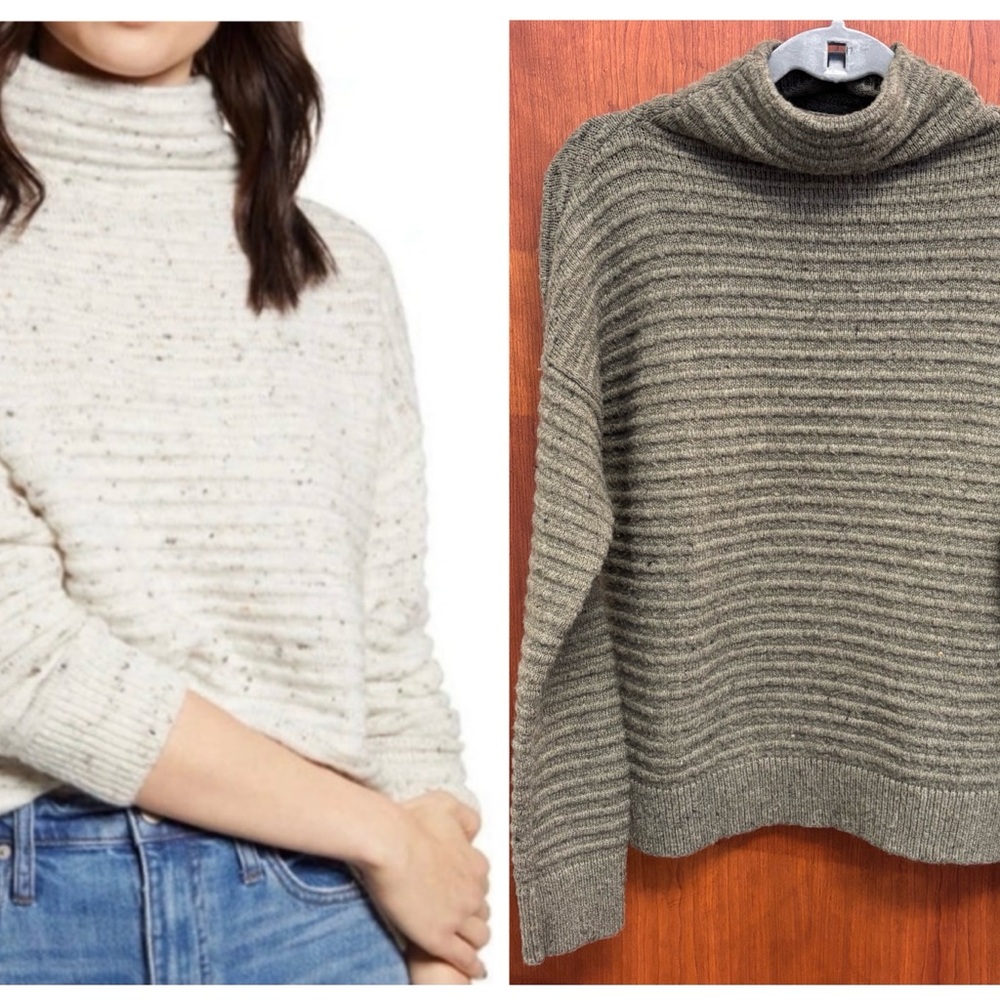 Madewell Speckled Belmont Donegal Mockneck Boxy Sweater Olive Wool Blend size M